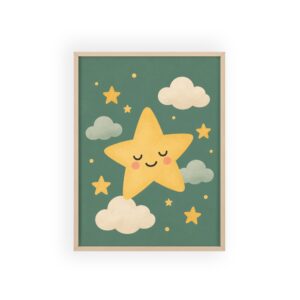 Slapende Ster Poster met Houten Lijst – Vintage Wanddecoratie voor de Babykamer