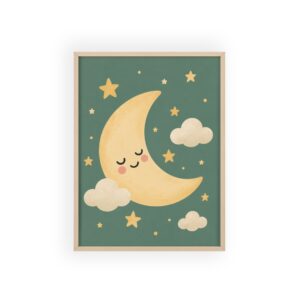 Slapende Maan & Sterren Poster met Lijst – Vintage Wanddecoratie voor de Babykamer