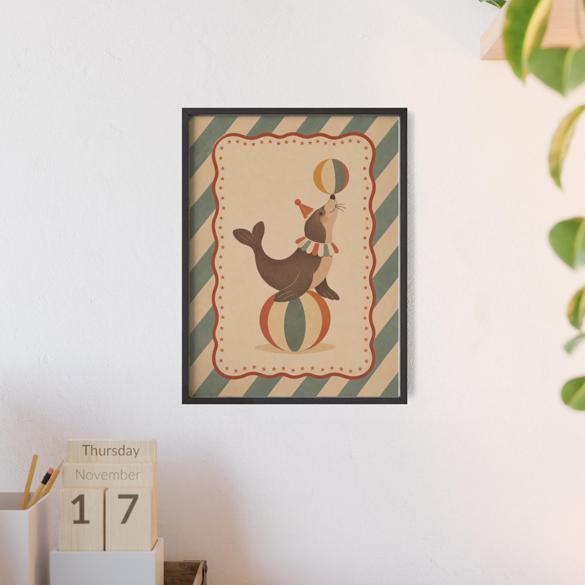 Vintage Circusposter – Zeehond met Circusballen en Houten Lijst - Afbeelding 4