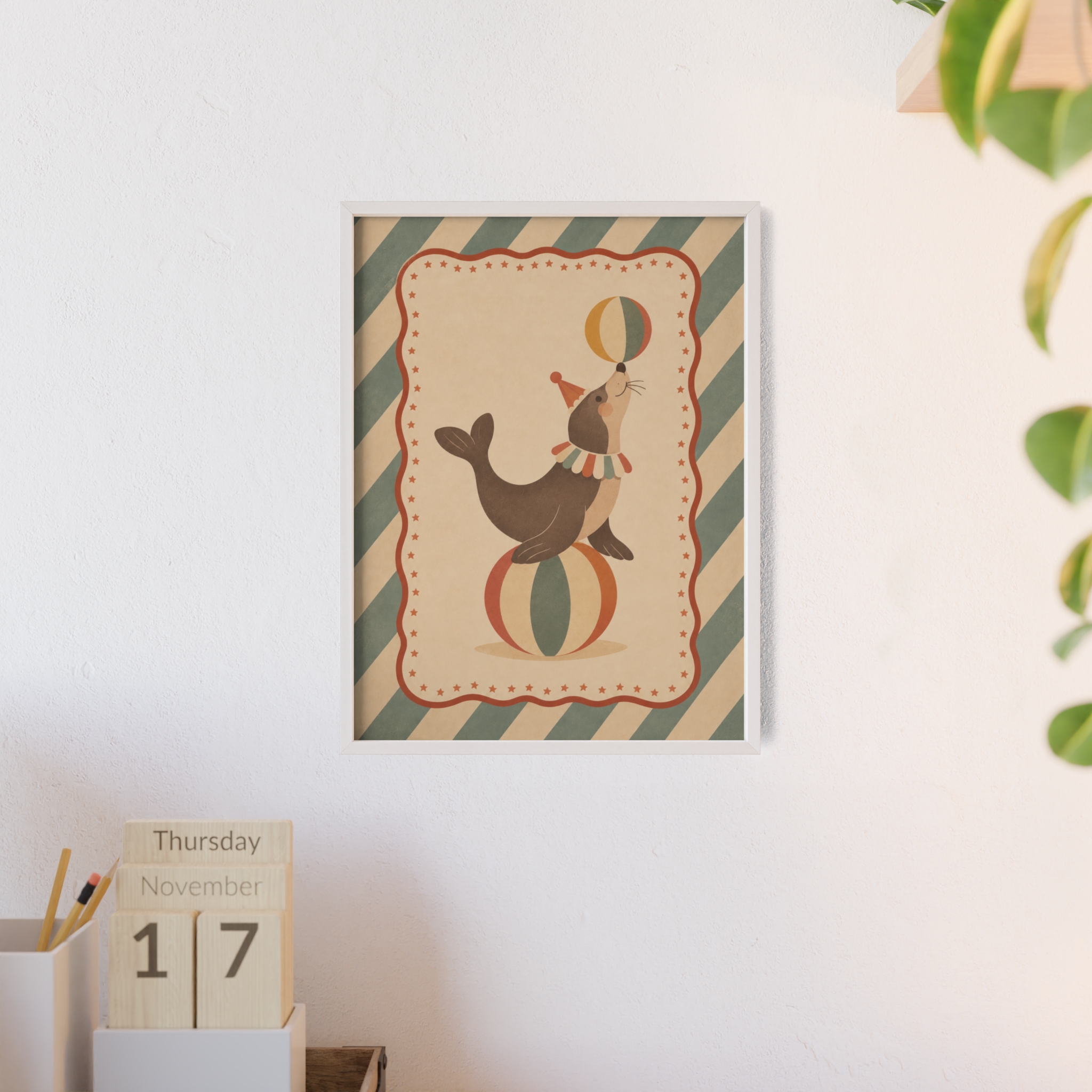 Vintage Circusposter – Zeehond met Circusballen en Houten Lijst - Afbeelding 6