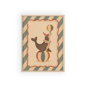 Vintage Circusposter – Zeehond met Circusballen en Houten Lijst