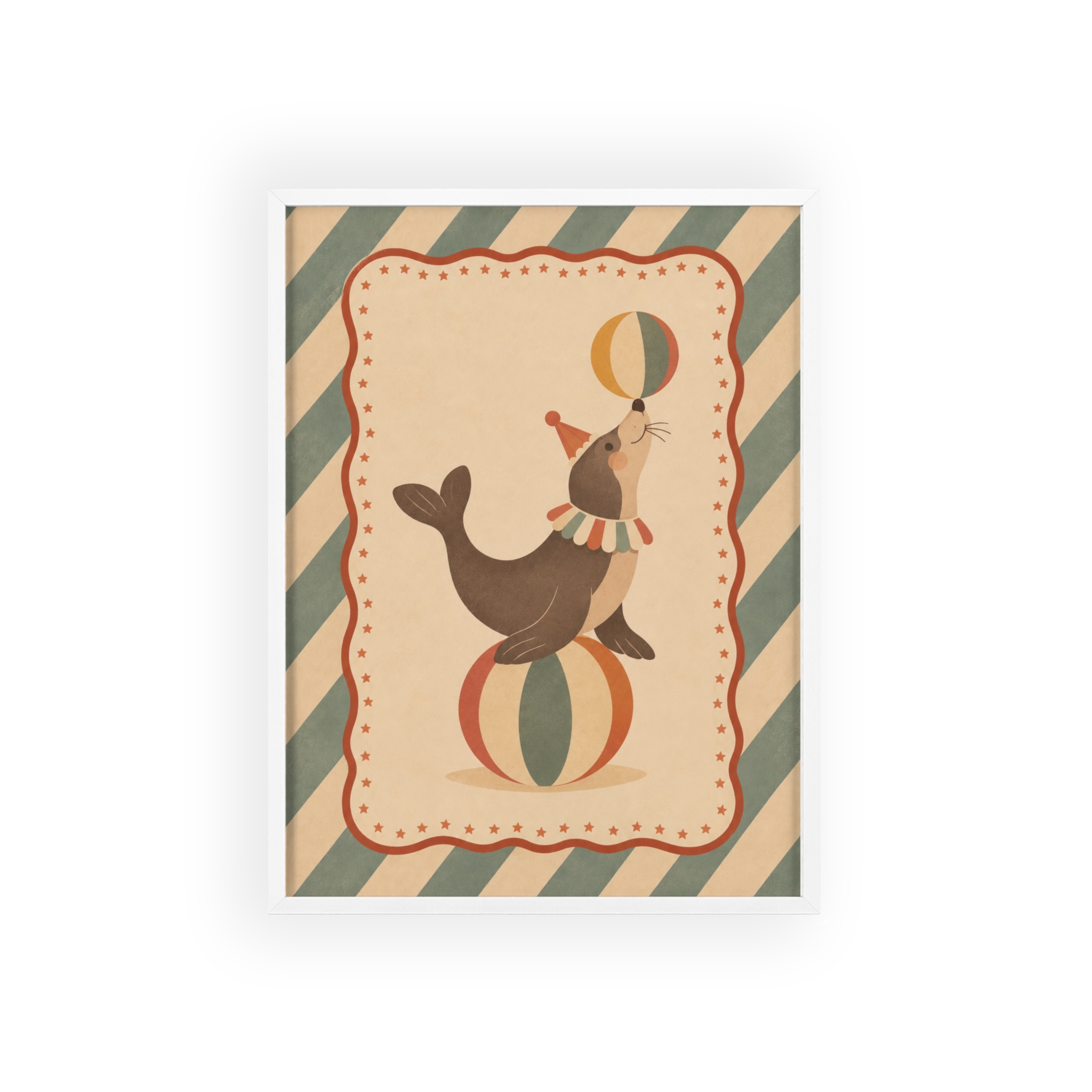 Vintage Circusposter – Zeehond met Circusballen en Houten Lijst - Afbeelding 5