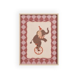 Vintage Circusposter – Olifant op een Eenwieler met Houten Lijst