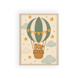 Beertje in Luchtballon Poster met Lijst – Vintage Wanddecoratie voor de Babykamer